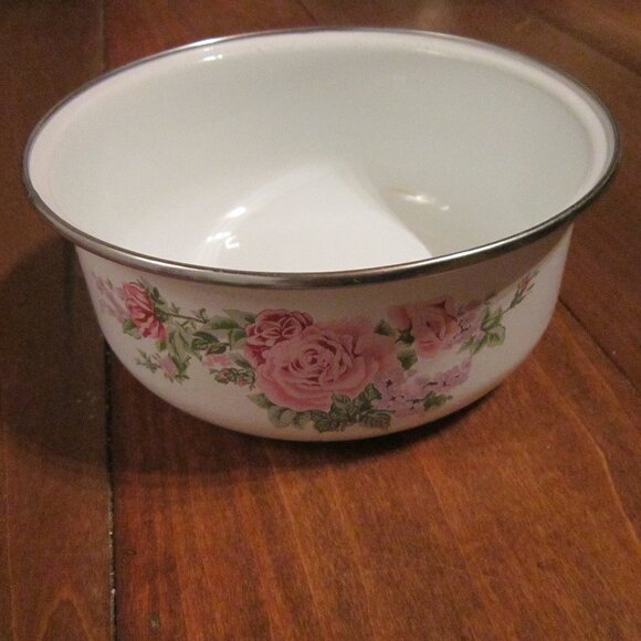 Vintage Pink and Purple Floral Enamel Bowl, White/ Silvertone Farmhouse Chic - Picture 1 of 14